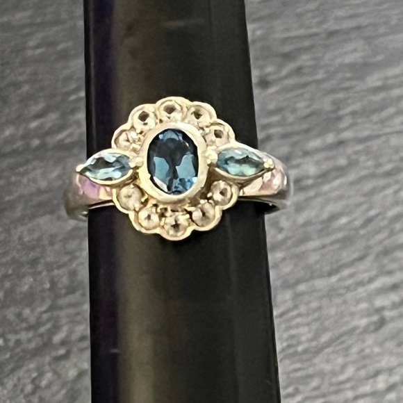 Vintage Sterling Silver 925 Blue Topaz And Cz Floral Ring Size 12 - Picture 8 of 16